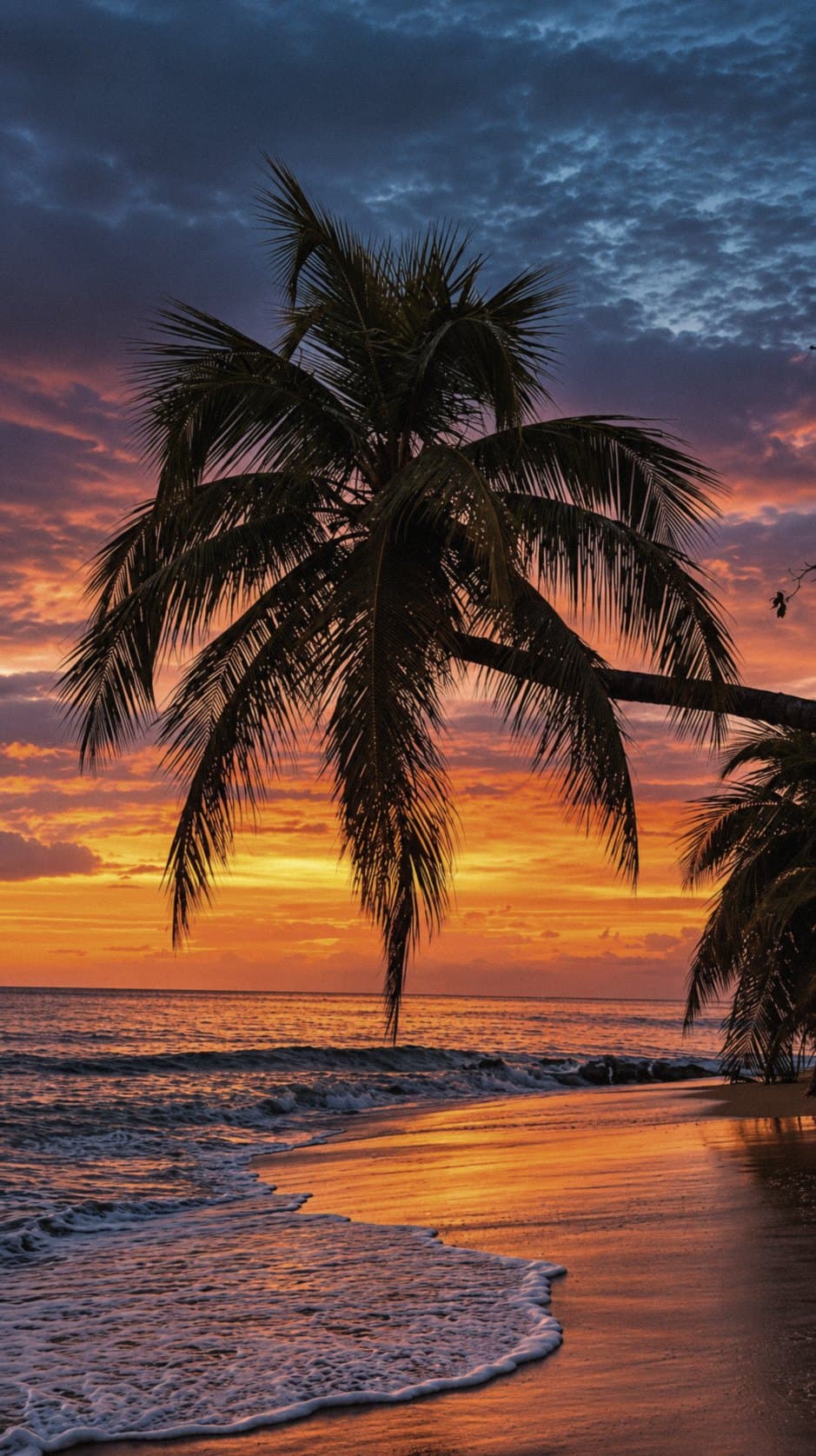 Palm silhouetted against the sunset at Buyé Beach